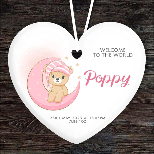 FREE WITH ORDERS OVER £20! - New Baby Girl Pink Bear Moon Heart Personalised Gift Keepsake Hanging Ornament