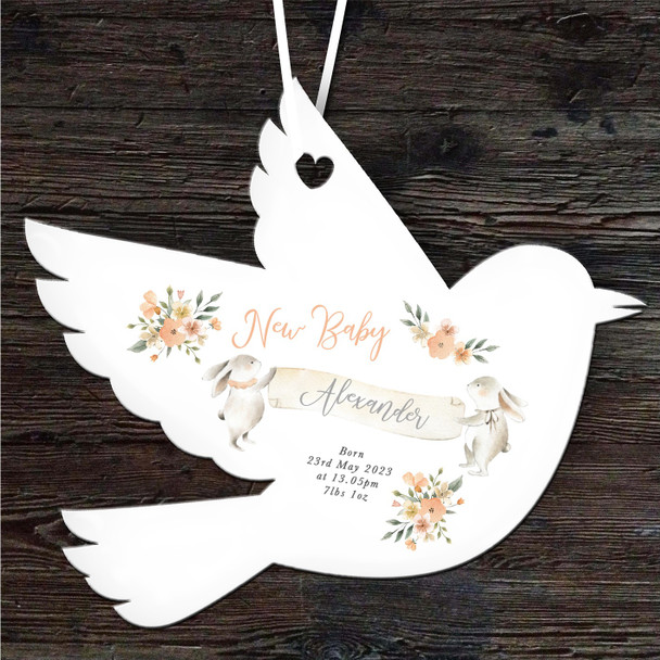FREE WITH ORDERS OVER £20! - New Baby Peach Rabbit Bird Personalised Gift Keepsake Hanging Ornament Plaque