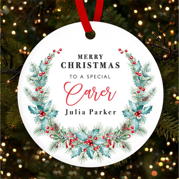 FREE WITH ORDERS OVER £20! - Special Carer Winter Berry Personalised Christmas Tree Ornament Decoration