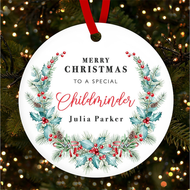 FREE WITH ORDERS OVER £20! - Special Childminder Winter Berry Personalised Christmas Tree Ornament Decoration