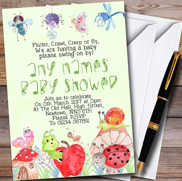Watercolour Bugs and Insects Green Personalised Baby Shower Invitations Watercolour Bugs and Insects Green Personalised Baby Shower Invitations