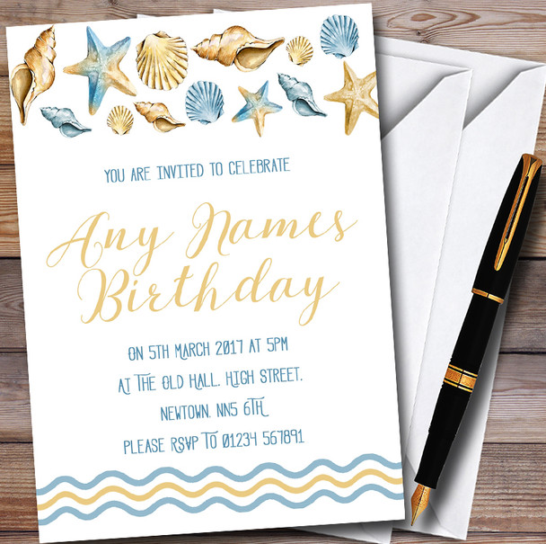 Blue & Golden Shells Beach Personalised Childrens Party Invitations
