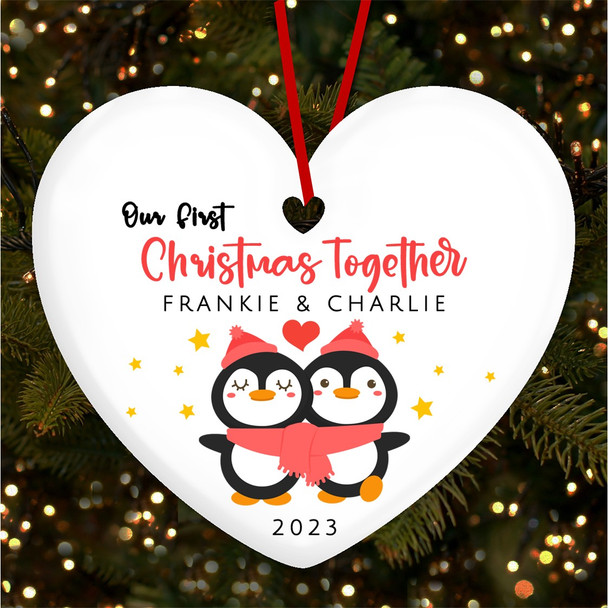 FREE WITH ORDERS OVER £20! - Penguin Couple Our 1st Together Heart Romantic Custom Christmas Tree Decoration