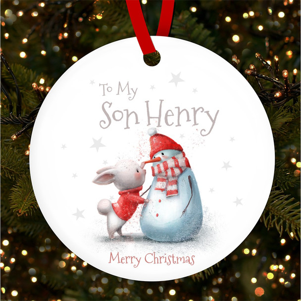 FREE WITH ORDERS OVER £20! - Bunny With Snowman Friend To My Son Custom Christmas Tree Ornament Decoration