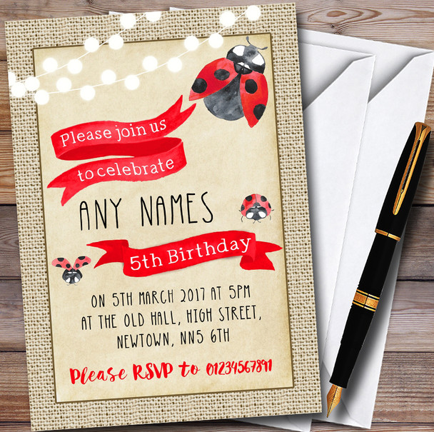 Burlap Style Ladybird Personalised Childrens Party Invitations