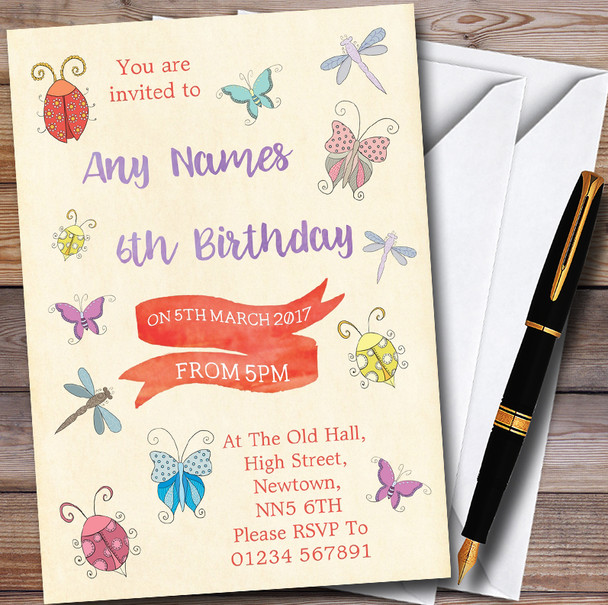 Girls Bugs & Insects Personalised Childrens Party Invitations