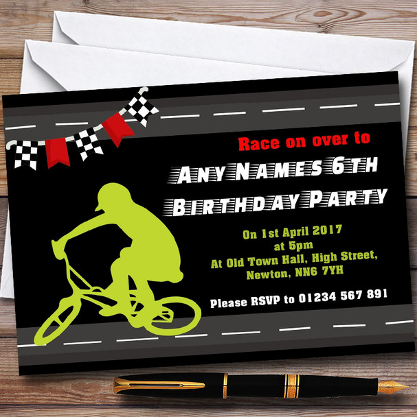 Green BMX Bike Personalised Childrens Party Invitations