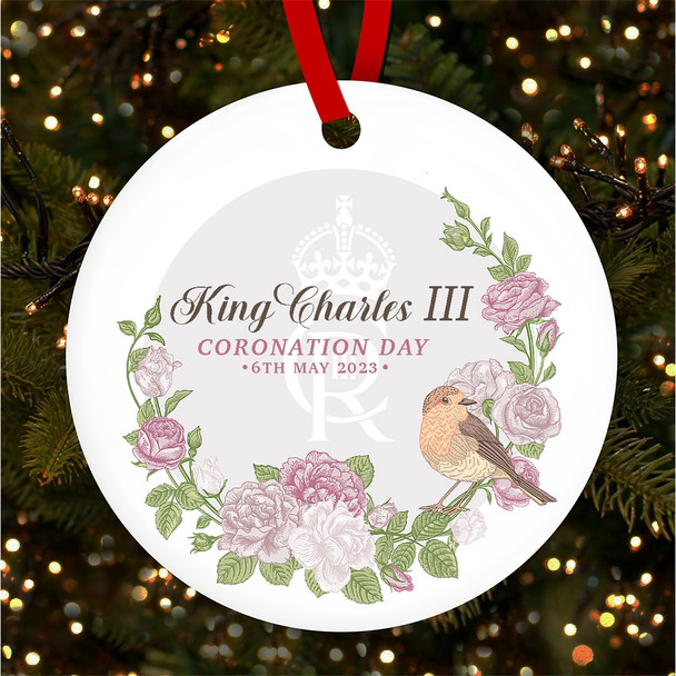 FREE WITH ORDERS OVER £20! - Vintage Roses Birds King Charles III Coronation Souvenir Round Hanging Ornament