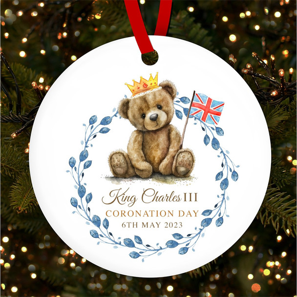 FREE WITH ORDERS OVER £20! - Watercolour Cute Teddy King Charles Coronation Souvenir Round Hanging Ornament