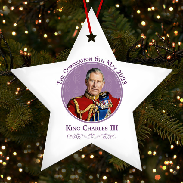 FREE WITH ORDERS OVER £20! - Purple Background King Charles III Coronation Souvenir Star Hanging Ornament