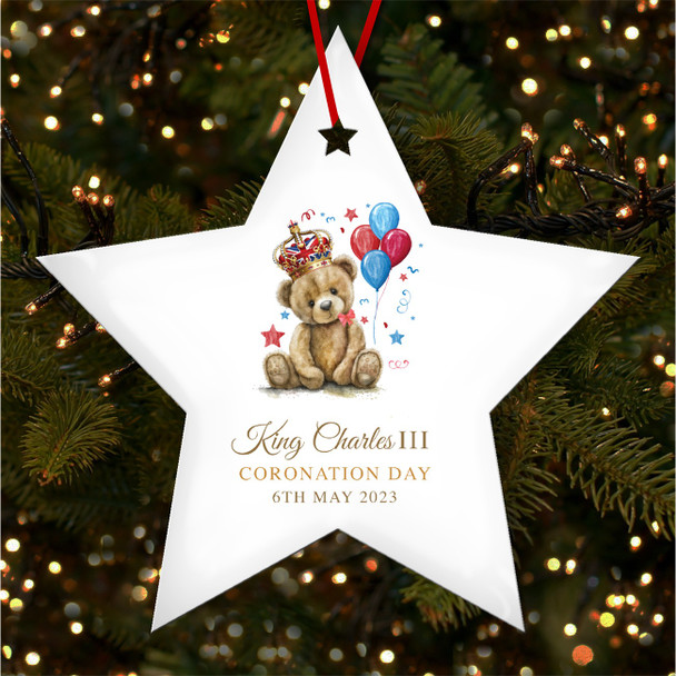 FREE WITH ORDERS OVER £20! - Watercolour Teddy Bear King Charles Coronation Souvenir Star Hanging Ornament