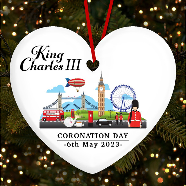 FREE WITH ORDERS OVER £20! - Colourful London King Charles III Coronation Souvenir Heart Hanging Ornament