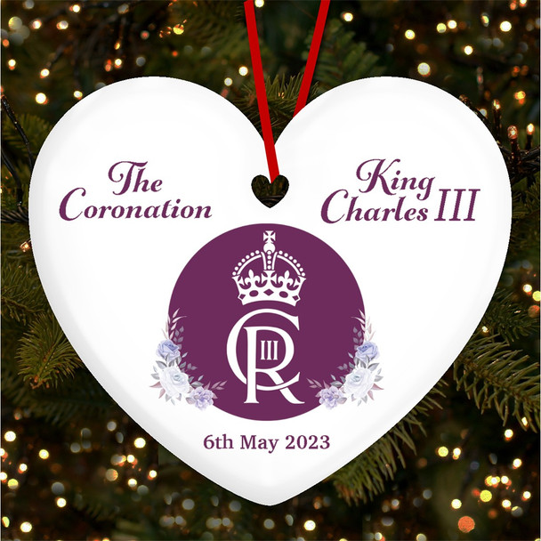 FREE WITH ORDERS OVER £20! - Floral Purple King Charles III Coronation Souvenir Heart Hanging Ornament