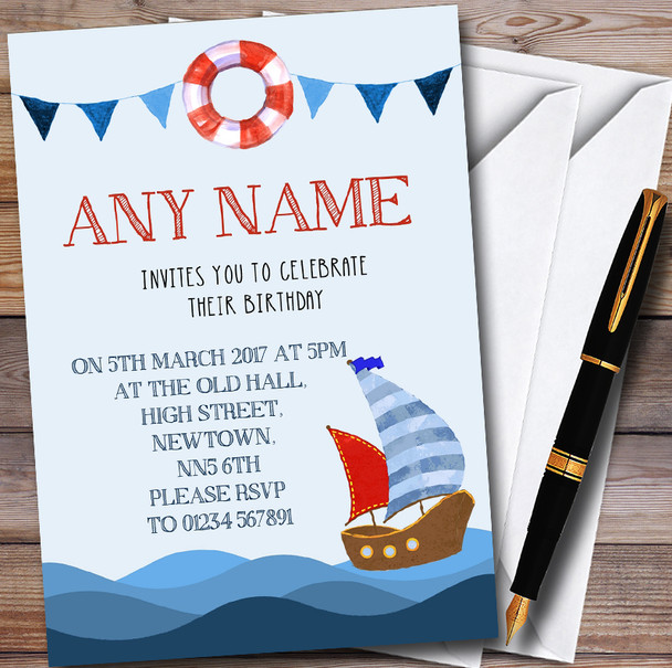 Nautical Boat On Sea Personalised Childrens Party Invitations