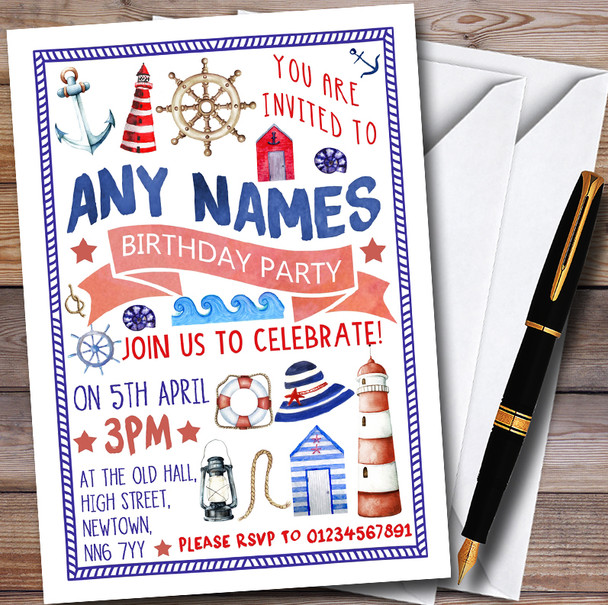Nautical Sea Boat Personalised Childrens Party Invitations