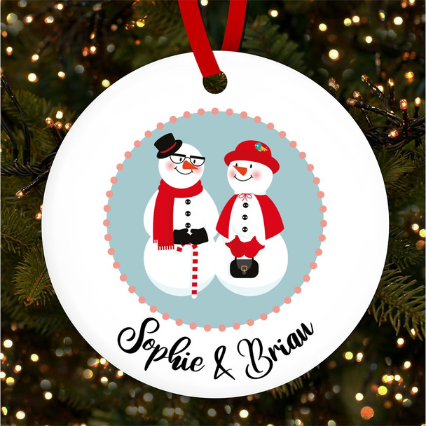 FREE WITH ORDERS OVER £20! - Snowman Couple Names Round Personalised Christmas Tree Ornament Decoration