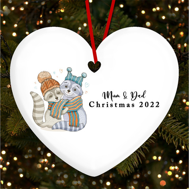 FREE WITH ORDERS OVER £20! - Mum Dad Raccoon Couple Heart Personalised Christmas Tree Ornament Decoration