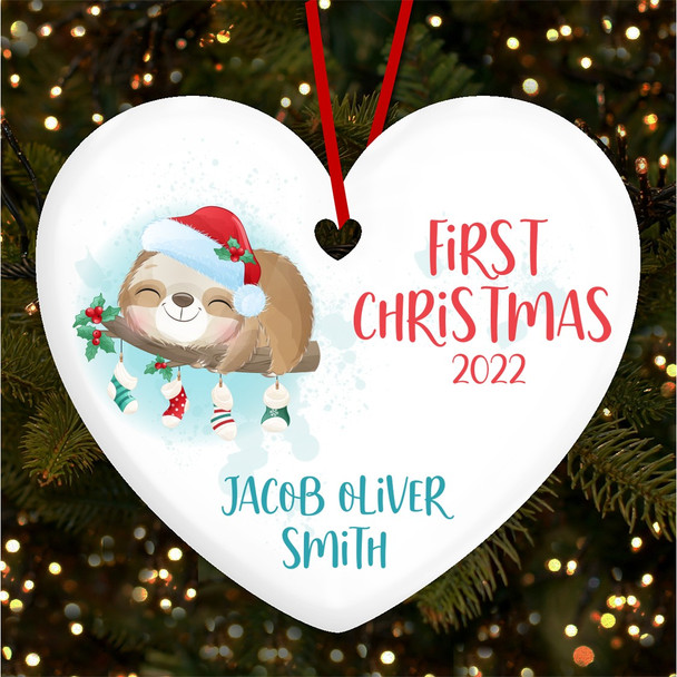 FREE WITH ORDERS OVER £20! - Sleeping Sloth Baby's 1st Heart Personalised Christmas Tree Ornament Decoration