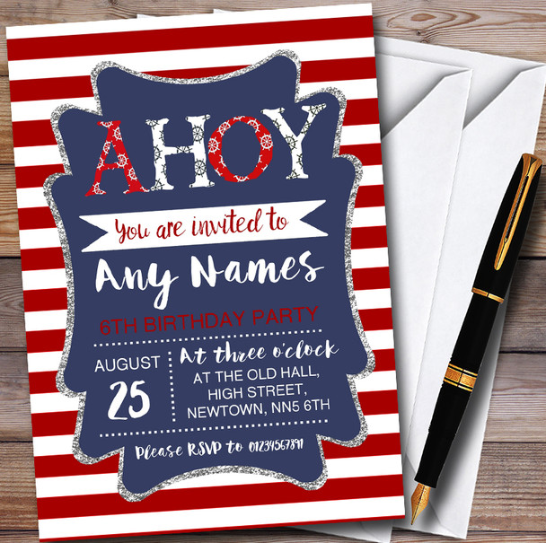 Red Stripe Ahoy Nautical Personalised Childrens Party Invitations