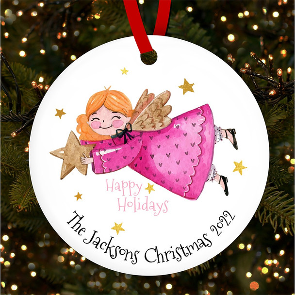 FREE WITH ORDERS OVER £20! - Family Name Angel Star Round Personalised Christmas Tree Ornament Decoration