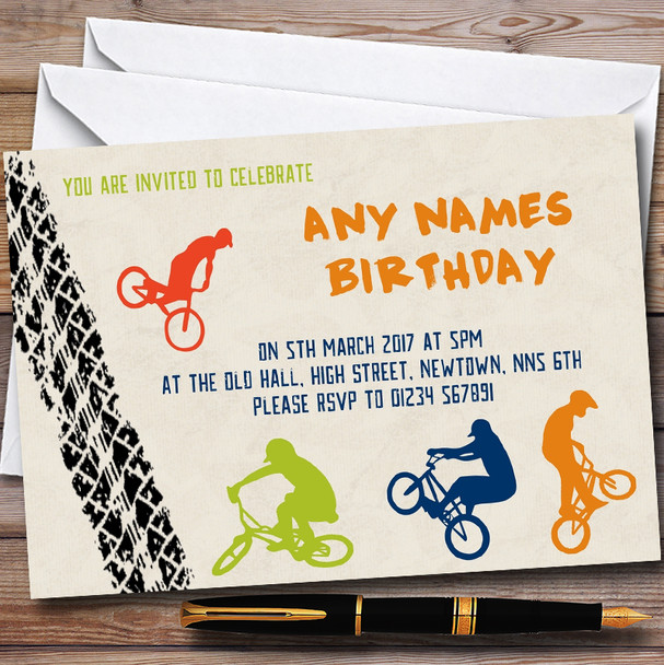 Tyre Track BMX Bike Cycling Personalised Childrens Party Invitations