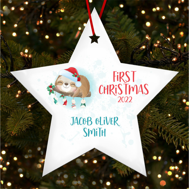 FREE WITH ORDERS OVER £20! - Sleeping Sloth Baby's 1st Star Personalised Christmas Tree Ornament Decoration