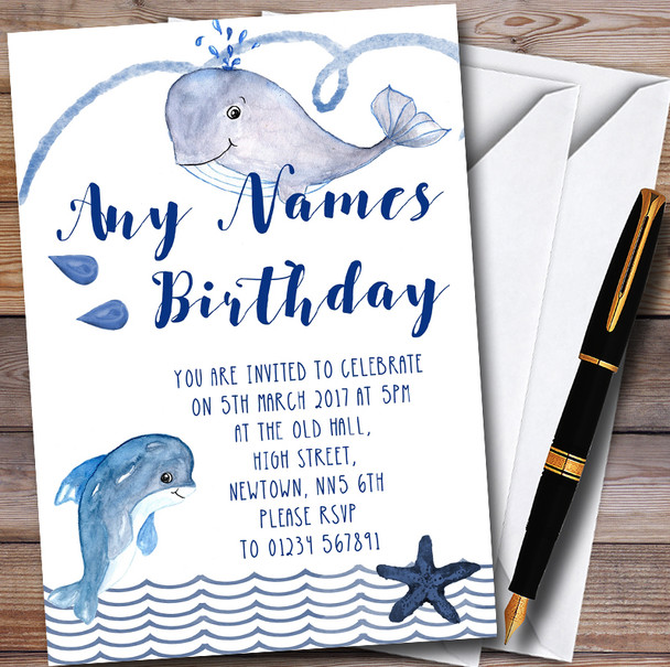 Whale & Dolphin Nautical Sea Personalised Childrens Party Invitations