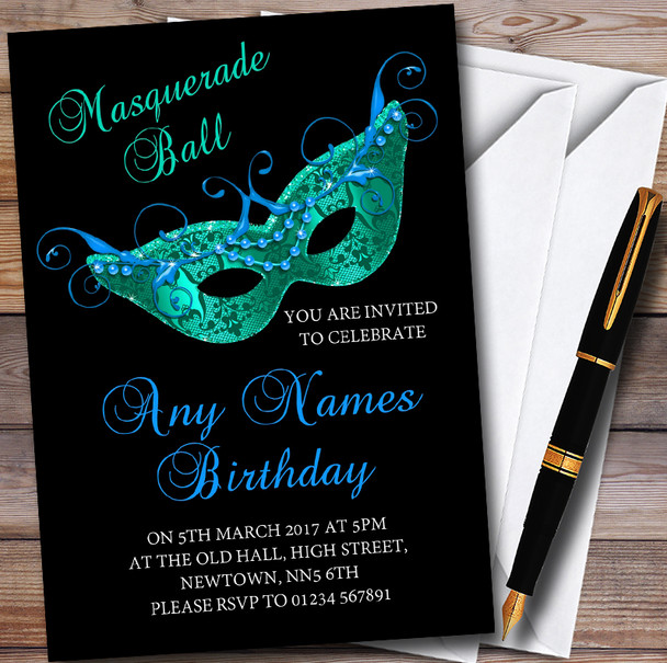 Black Blue Green Masquerade Ball Personalised Party Invitations