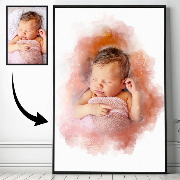 Personalised New Baby Watercolour Portrait From Your Photo, Baby Gift, Framed Print Canvas
