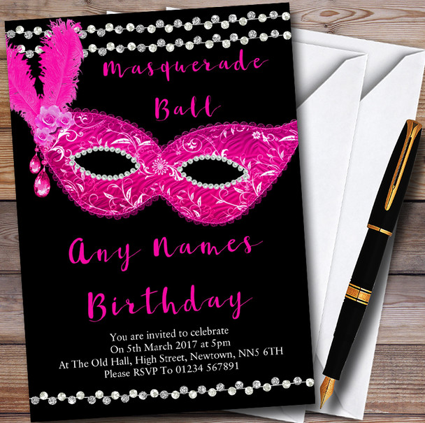 Pink & Black Masquerade Ball Personalised Party Invitations