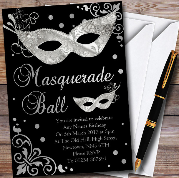 Silver & Black Masquerade Ball Personalised Party Invitations