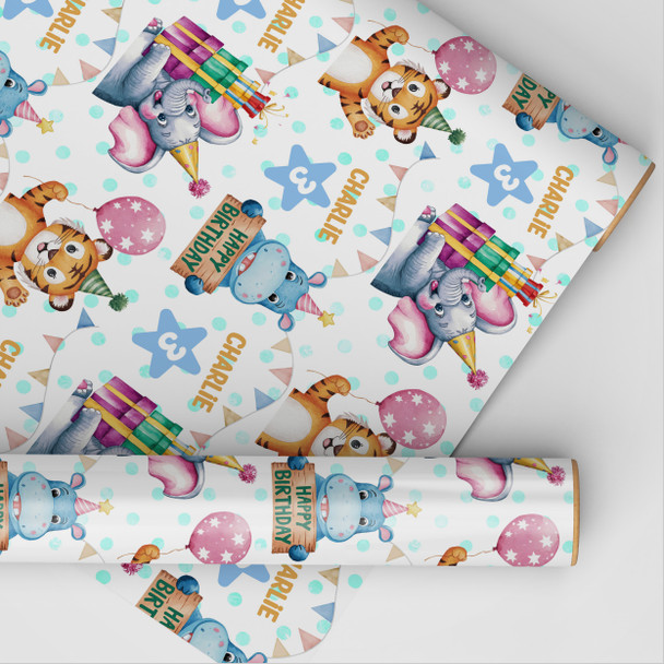 Personalised Wrapping Paper Birthday Circus Animals Tiger Elephant Custom Wrap