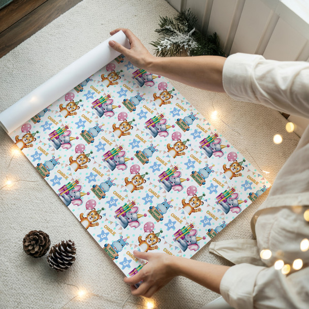 Personalised Wrapping Paper Birthday Circus Animals Tiger Elephant Custom Wrap