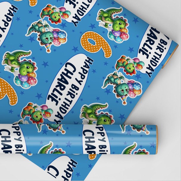Personalised Wrapping Paper Kids Birthday Dinosaurs Balloons Custom Gift Wrap