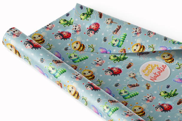 Personalised Wrapping Paper Kids Birthday Cute Insects Green Custom Gift Wrap
