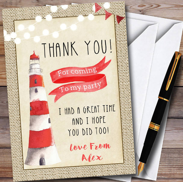Burlap Nautical Lighthouse Girls Personalised Party Thank You Cards