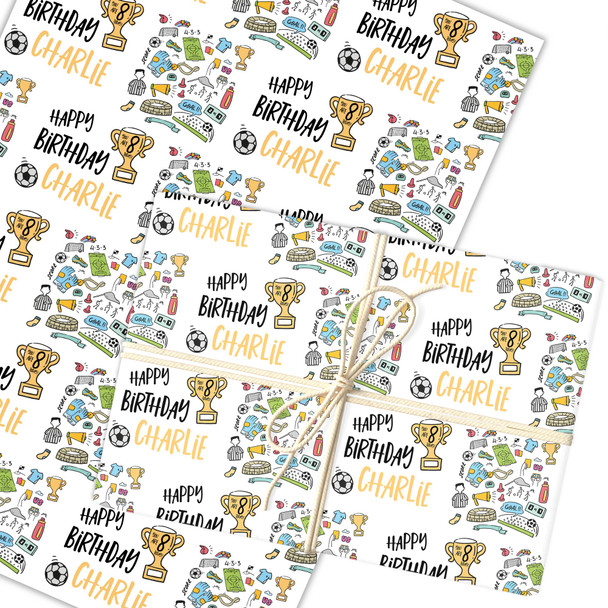 Personalised Wrapping Paper Kids Birthday Football Doodles Boys Custom Gift Wrap