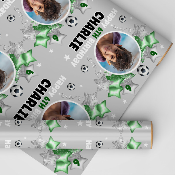 Personalised Wrapping Paper Kids Birthday Football Grey Photo Custom Gift Wrap