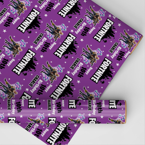 Personalised Wrapping Paper Kids Birthday Fortnite Purple Custom Gift-Wrap
