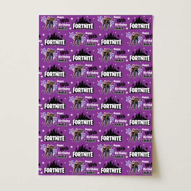 Personalised Wrapping Paper Kids Birthday Fortnite Purple Custom Gift-Wrap