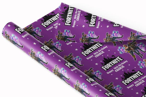Personalised Wrapping Paper Kids Birthday Fortnite Purple Custom Gift Wrap