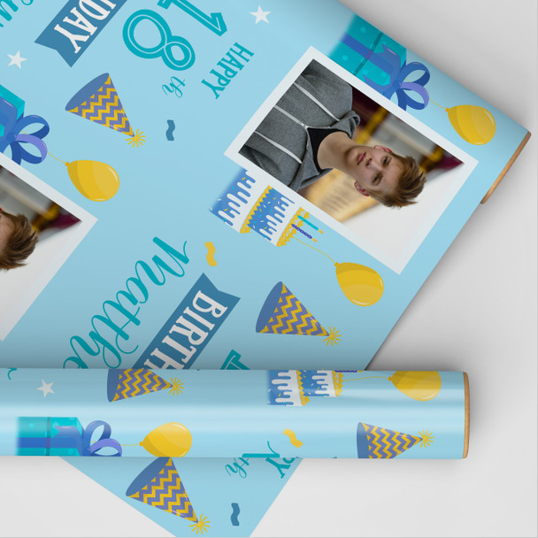Personalised Wrapping Paper 18th Birthday Photo Blue Boys Custom Gift Wrap