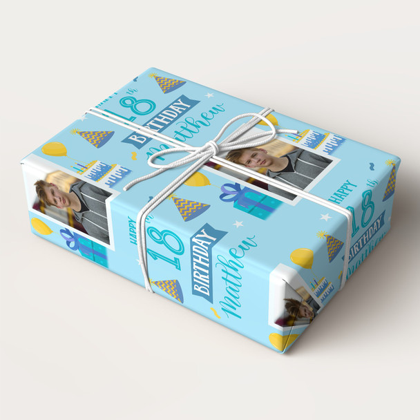Personalised Wrapping Paper 18th Birthday Photo Blue Boys Custom Gift Wrap