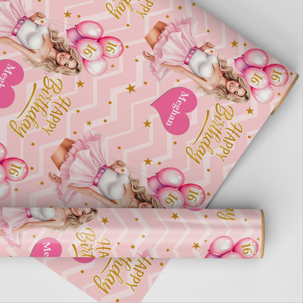 Personalised Wrapping Paper Kids Birthday Girls Pink & Gold Custom Gift Wrap