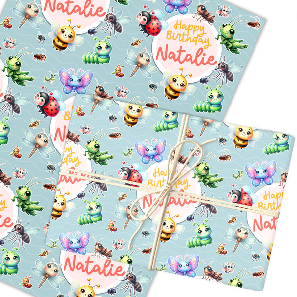 Personalised Wrapping Paper Kids Birthday Green Cute Insects Custom Gift Wrap