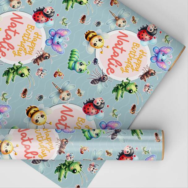 Personalised Wrapping Paper Kids Birthday Green Cute Insects Custom Gift Wrap