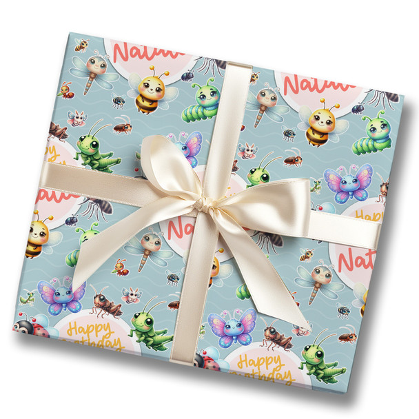 Personalised Wrapping Paper Kids Birthday Green Cute Insects Custom Gift Wrap