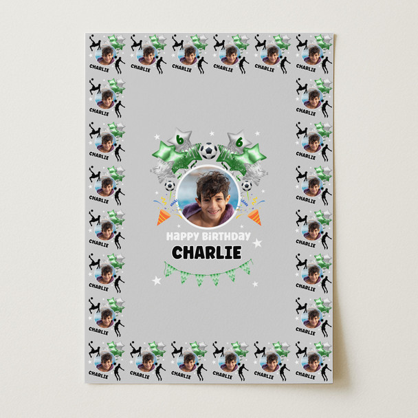 Personalised Wrapping Paper Kids Birthday Grey & Green Football Custom Gift Wrap
