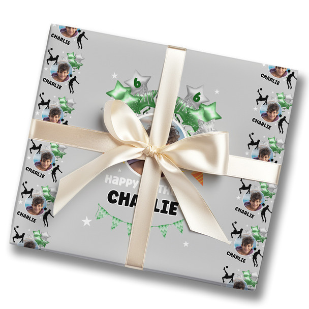 Personalised Wrapping Paper Kids Birthday Grey & Green Football Custom Gift Wrap
