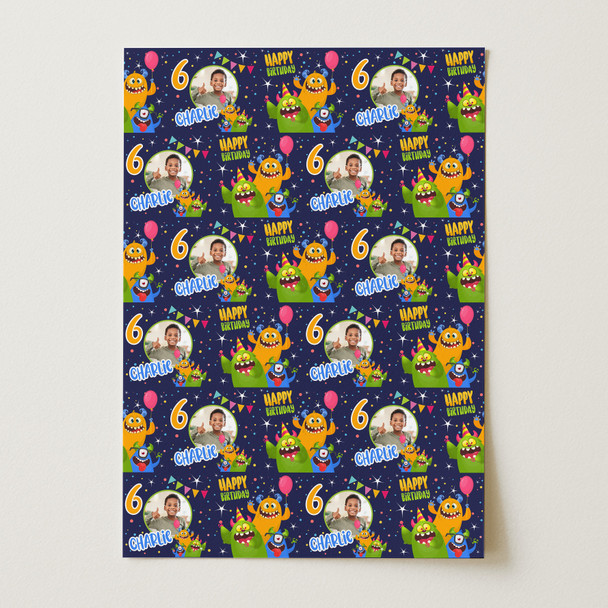 Personalised Wrapping Paper Kids Birthday Monsters Photo Navy Custom Gift Wrap